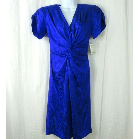 Vintage 80s Knee Length Silk Dress XS Purple Knotted Front Gathered Sleeve NWT - Picture 1 of 12